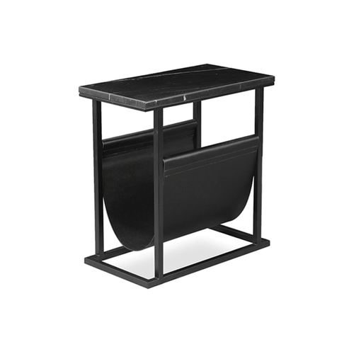 Black modern marble end table magazine rack with black powder coat steel frame