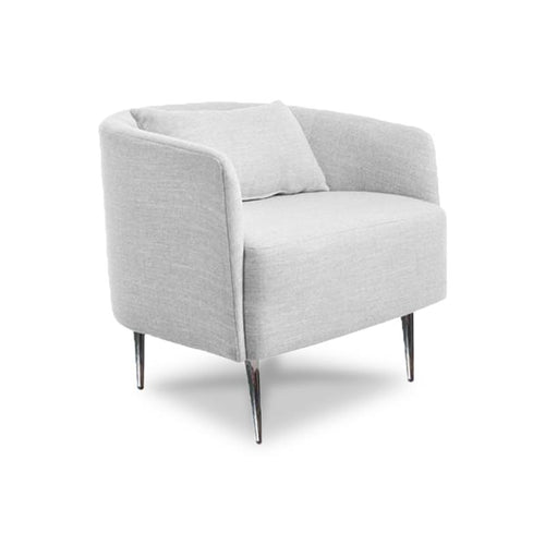 Modern light grey fabric Tub Chair with tapered metal leg angle view