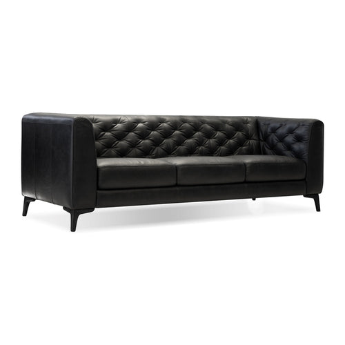 Antique Black modern tufted leather sofa with oak wood legs