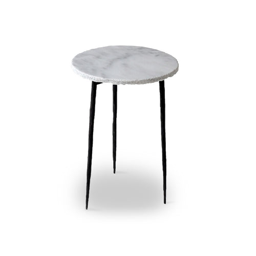 White modern marble end table with iron legs