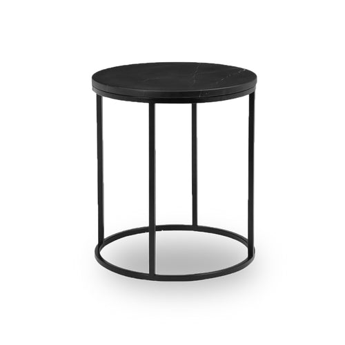Black modern marble round end table with black powder coat steel frame