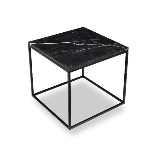 Black modern marble end table with black powder coat steel frame