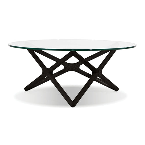 Modern glass coffee table with black wood base