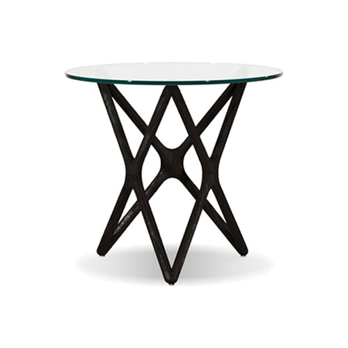 modern end table with round glass top and diamond crossed black wood base