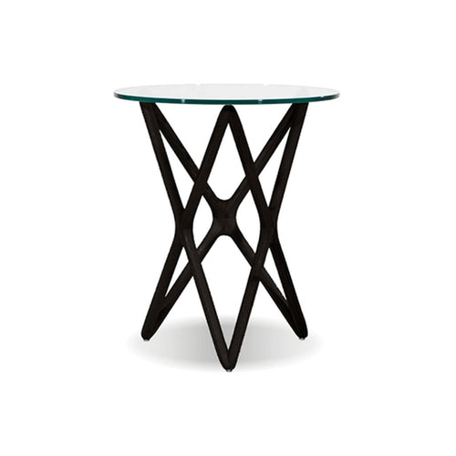 Modern glass end table with black wood base
