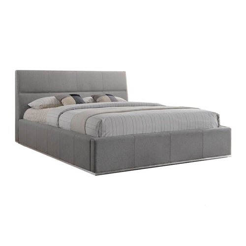 Grey modern fabric queen or king platform bed with brushed stainless steel base
