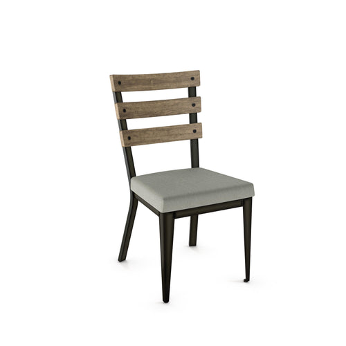 Modern dining chair with upholstered seat, slatted wooden back, and steel frame