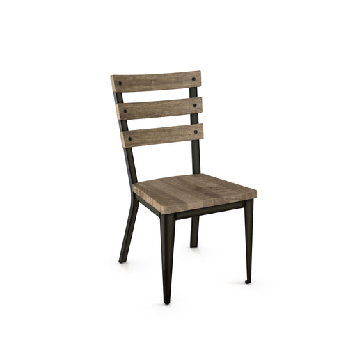 Modern dining chair with wooden seat, slatted wooden back, and steel frame