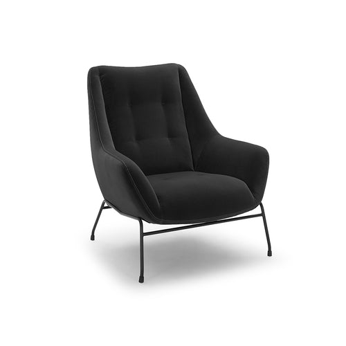 modern dark grey black button tufted velvet arm chair with black metal legs