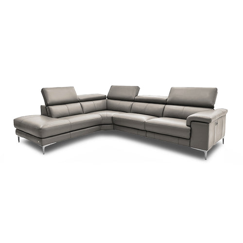 modern taupe leather reclining left hand facing sectional with metal leg