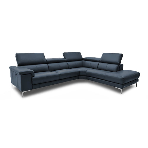 modern navy leather reclining right hand facing sectional with metal leg