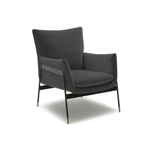 modern grey velvet arm chair with black metal frame and wood foot detail