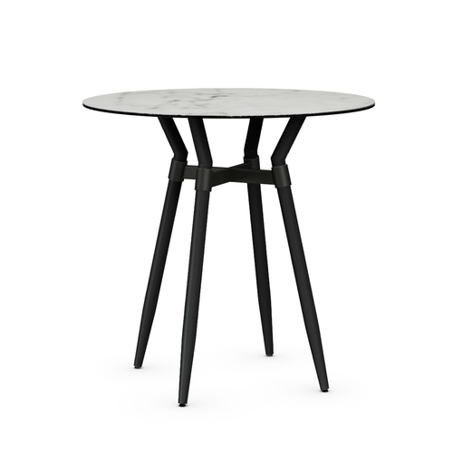 modern round custom order porcelain on glass topped counter height bar pub table with black metal frame