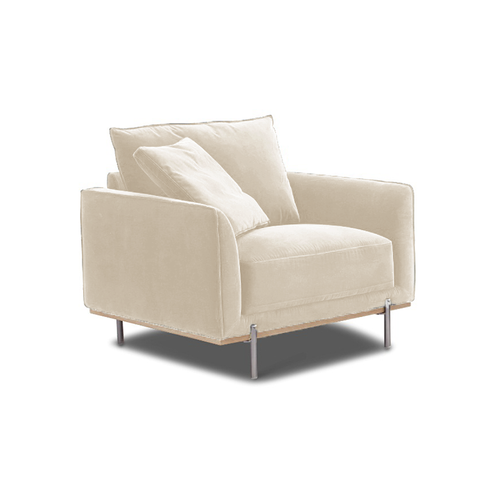modern khaki beige fabric arm chair with wood trim and polished silver metal legs