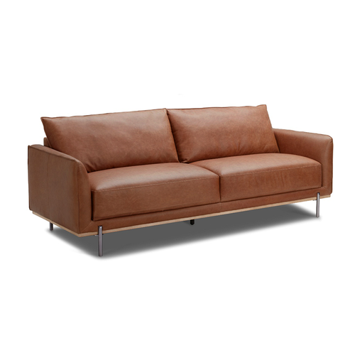 modern saddle brown leather sofa with solid wood base and polished metal legs
