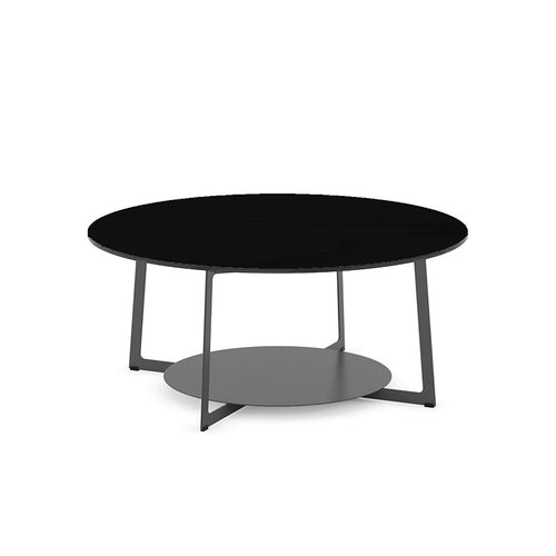 Modern Custom Order Round Coffee Table with Black Glass Top and Metal Base