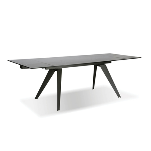 modern rectangular extendible dining table with smoked glass top and graphite powder coated steel base