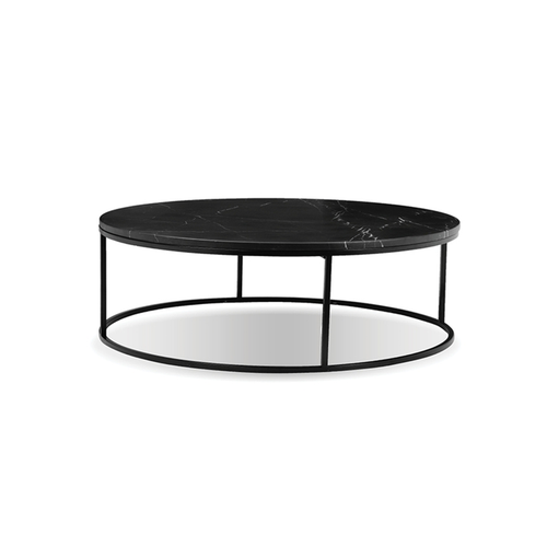 Black modern marble round coffee table with black powder coat steel frame