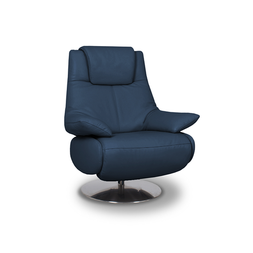 modern navy blue top grain leather power reclining TV Chair with round polished metal base