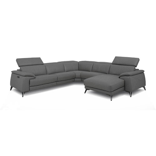 gunmetal grey modern fabric reclining sectional with USB right hand facing
