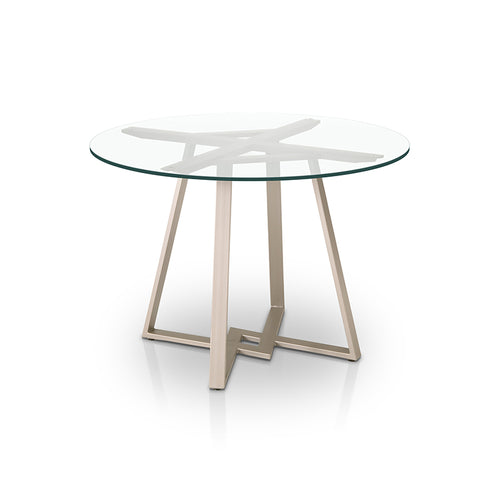 Modern round glass dining table with powder coated metal base