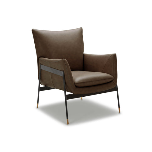 modern saddle brown leather arm chair with black metal frame and wood foot detail