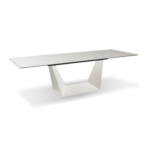 White marble pattern modern extendable dining table with ceramic top and white metal base