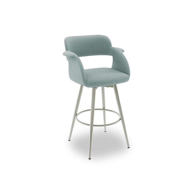 Blue modern upholstered swivel counter stool with metal base