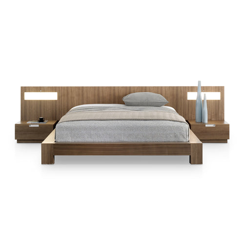 walnut modern platform bed with light panels and night stands