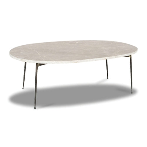 White modern marble coffee table with unfinished iron legs